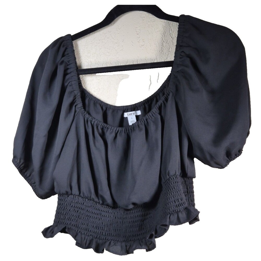 Bar III Womens Size L Black Short Puff Sleeve Smocked Hem Cropped Blouse Top